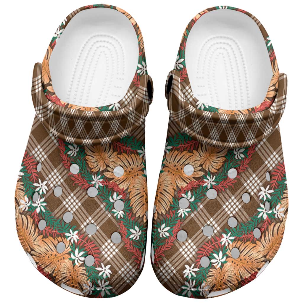 Polynesian Monstera Tiare Floral Clogs Shoes Chocolate Brown Tropical Plaid LT01 Brown - Polynesian Pride