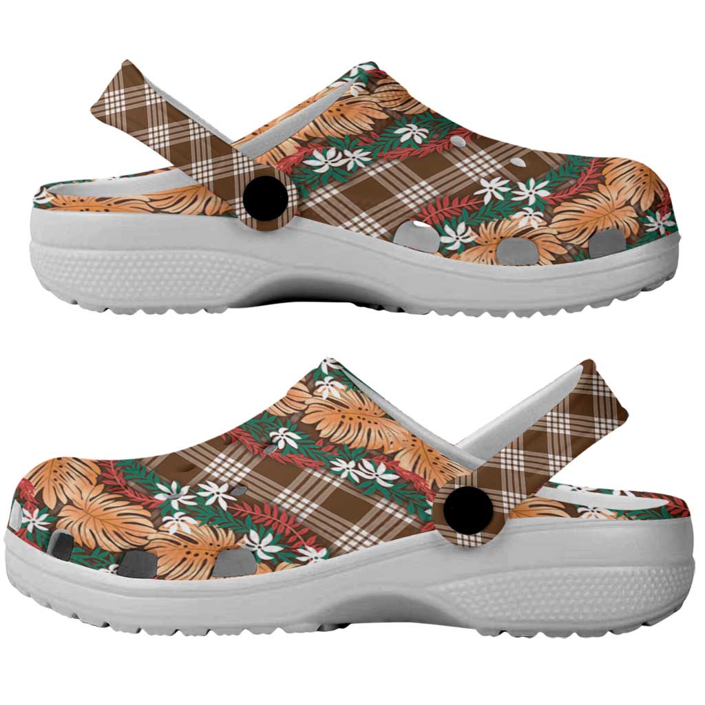 Polynesian Monstera Tiare Floral Clogs Shoes Chocolate Brown Tropical Plaid LT01 - Polynesian Pride