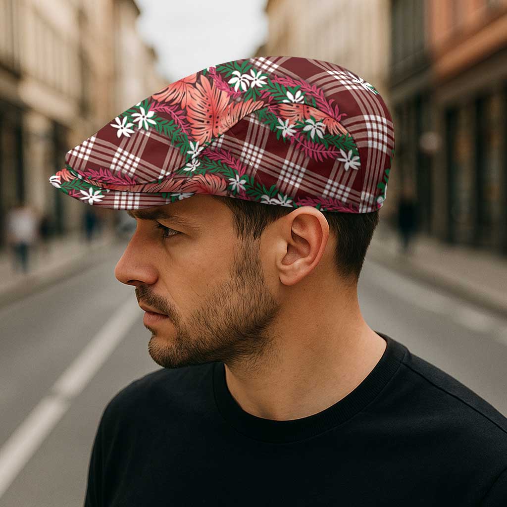 Polynesian Monstera Tiare Floral Jeff Hat Burgundy Tropical Plaid - Polynesian Pride