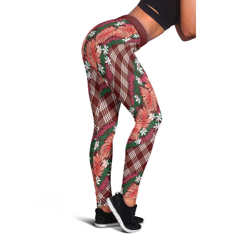 Polynesian Monstera Tiare Floral Leggings Burgundy Tropical Plaid LT01 - Polynesian Pride