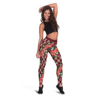 Polynesian Monstera Tiare Floral Leggings Burgundy Tropical Plaid LT01 - Polynesian Pride