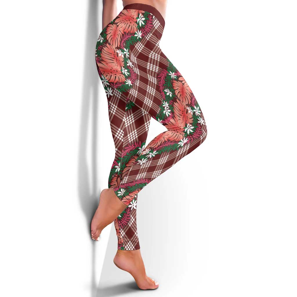 Polynesian Monstera Tiare Floral Leggings Burgundy Tropical Plaid LT01 - Polynesian Pride