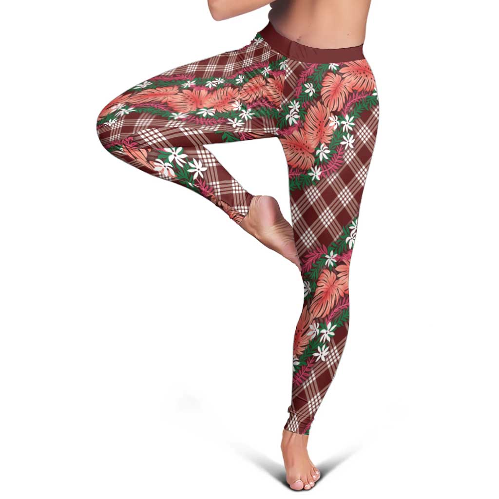 Polynesian Monstera Tiare Floral Leggings Burgundy Tropical Plaid LT01 - Polynesian Pride