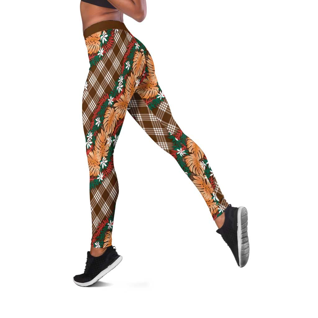 Polynesian Monstera Tiare Floral Leggings Chocolate Brown Tropical Plaid LT01 Brown - Polynesian Pride