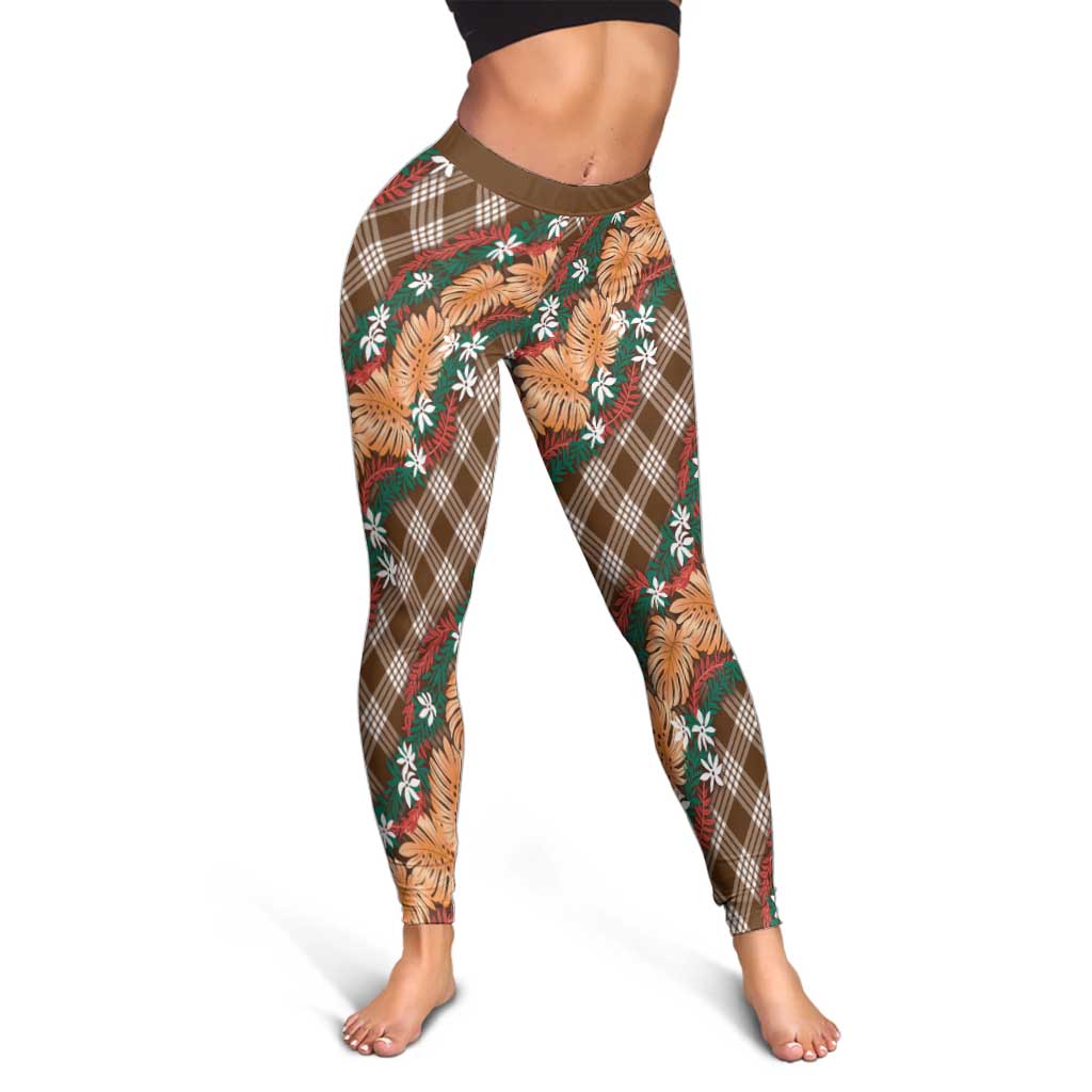 Polynesian Monstera Tiare Floral Leggings Chocolate Brown Tropical Plaid LT01 - Polynesian Pride