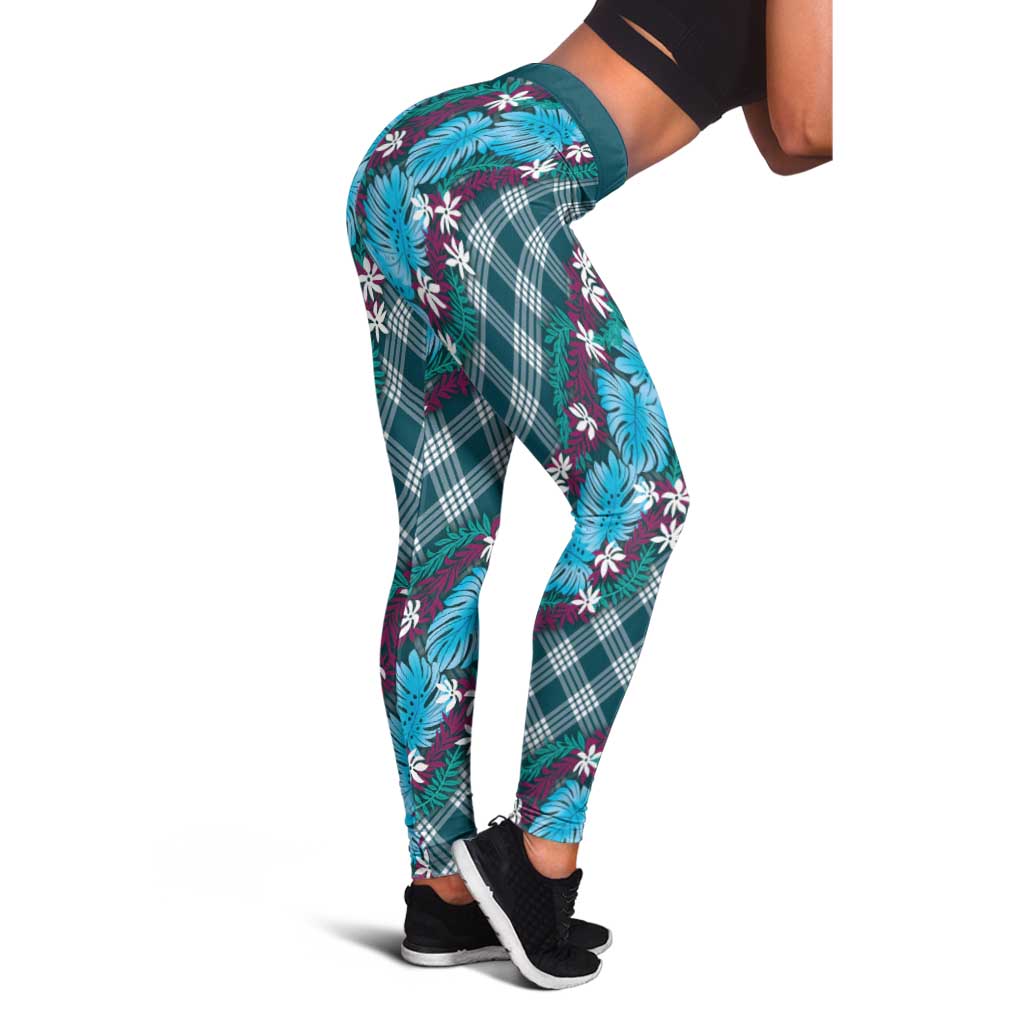 Polynesian Monstera Tiare Floral Leggings Dark Teal Tropical Plaid - Polynesian Pride