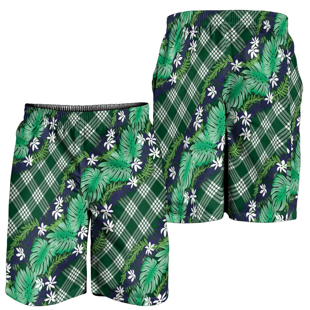 Polynesian Monstera Tiare Floral Shorts for Men Forest Green Tropical Plaid LT01 - Polynesian Pride