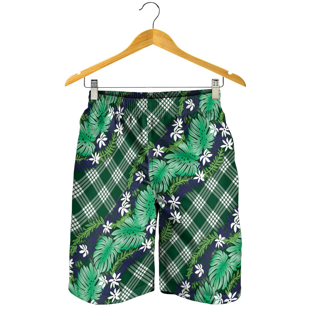 Polynesian Monstera Tiare Floral Shorts for Men Forest Green Tropical Plaid LT01 - Polynesian Pride