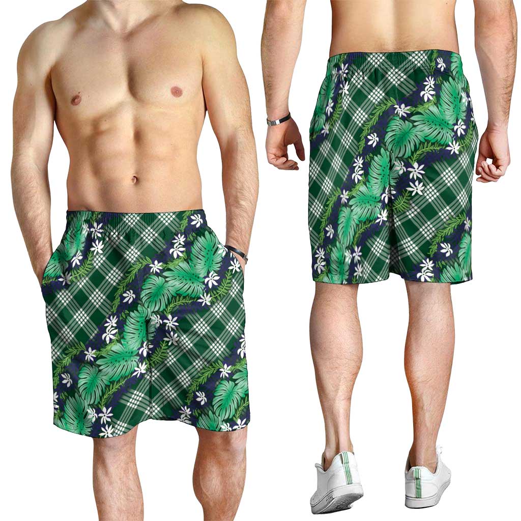 Polynesian Monstera Tiare Floral Shorts for Men Forest Green Tropical Plaid LT01 - Polynesian Pride