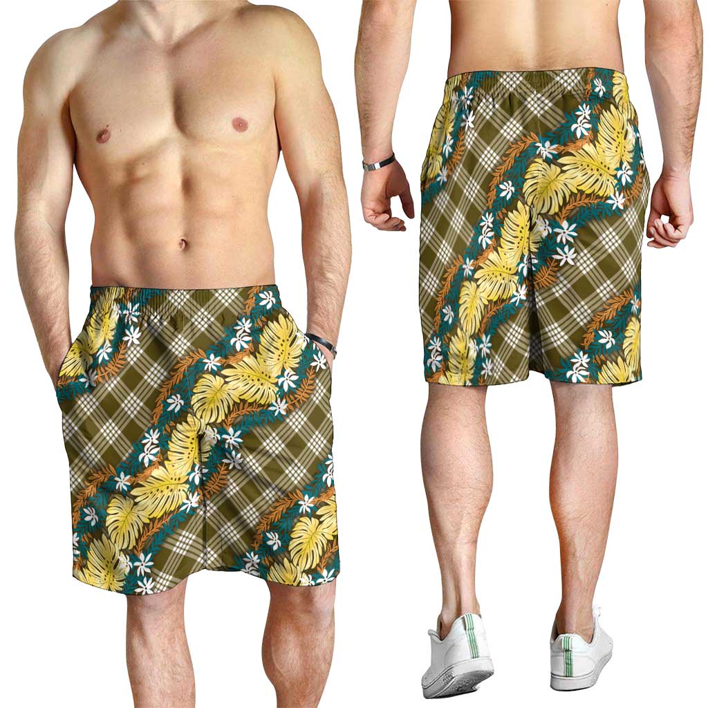 Polynesian Monstera Tiare Floral Shorts for Men Yellow Tropical Plaid - Polynesian Pride