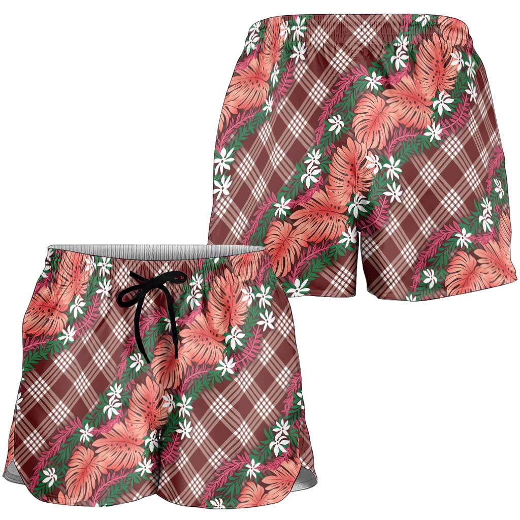 Polynesian Monstera Tiare Floral Shorts for Women Burgundy Tropical Plaid LT01 - Polynesian Pride