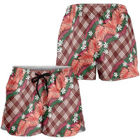 Polynesian Monstera Tiare Floral Shorts for Women Burgundy Tropical Plaid LT01 - Polynesian Pride