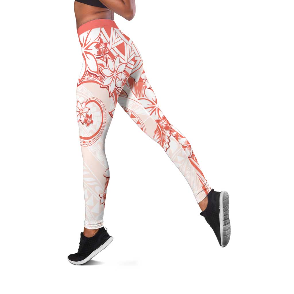 Polynesian Pattern With Plumeria Flowers Leggings Orange Peach - Polynesian Pride