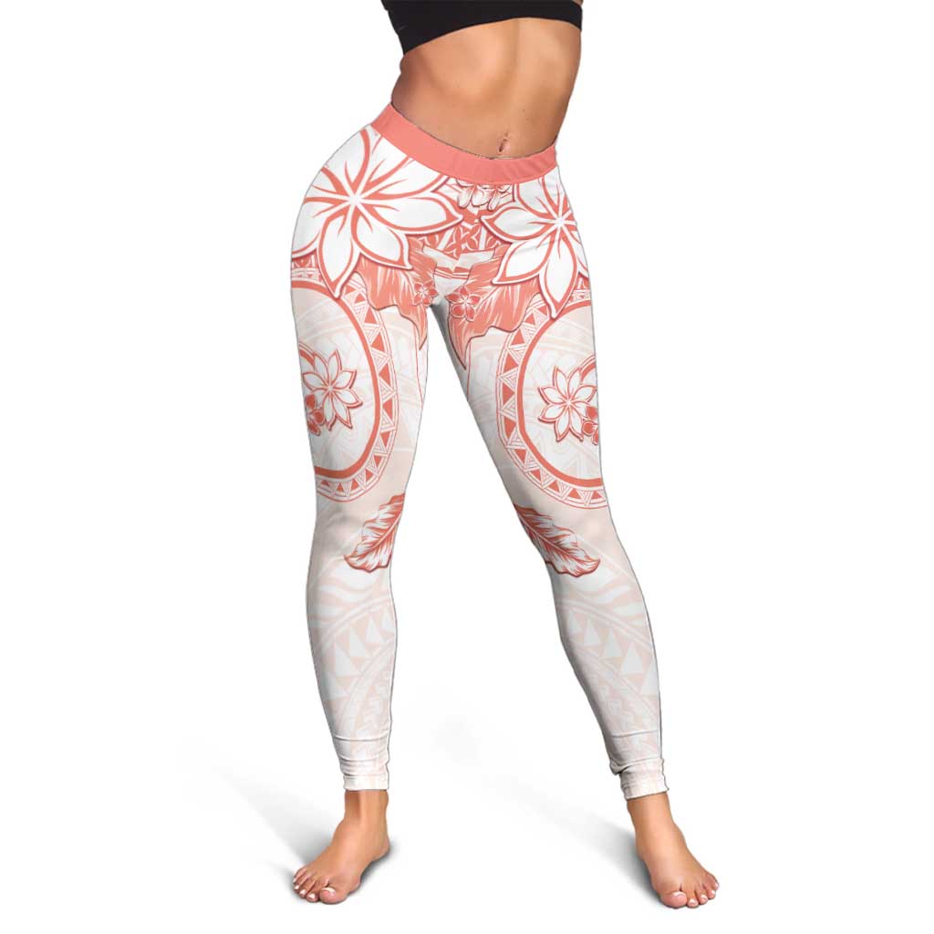 Polynesian Pattern With Plumeria Flowers Leggings Orange Peach - Polynesian Pride