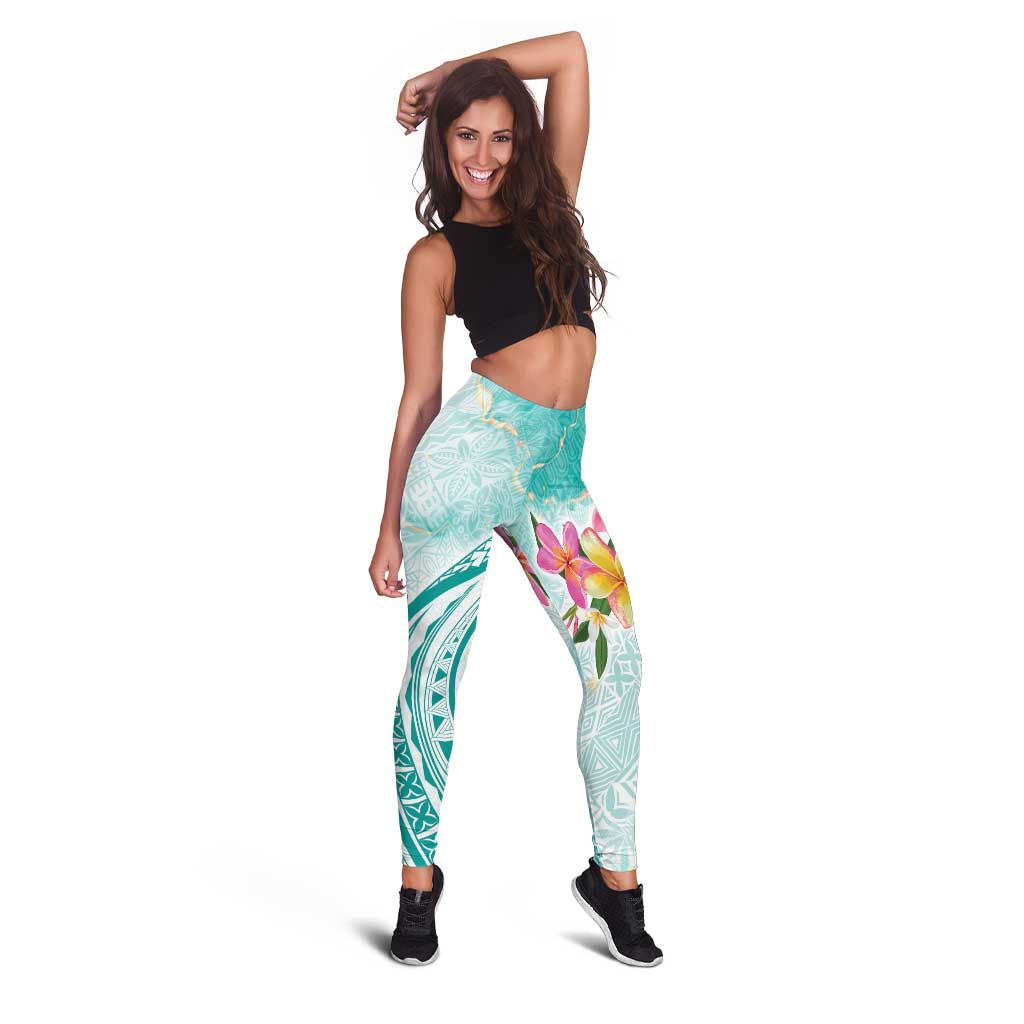 Polynesian Women's Day Wahine Leggings Plumeria Marble Glaze - Teal LT7