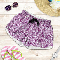 Poni Palaka Quilt Hawaii Shorts for Women Hawaiian Tropical Monstera Sea Turtle LT14 Purple - Polynesian Pride