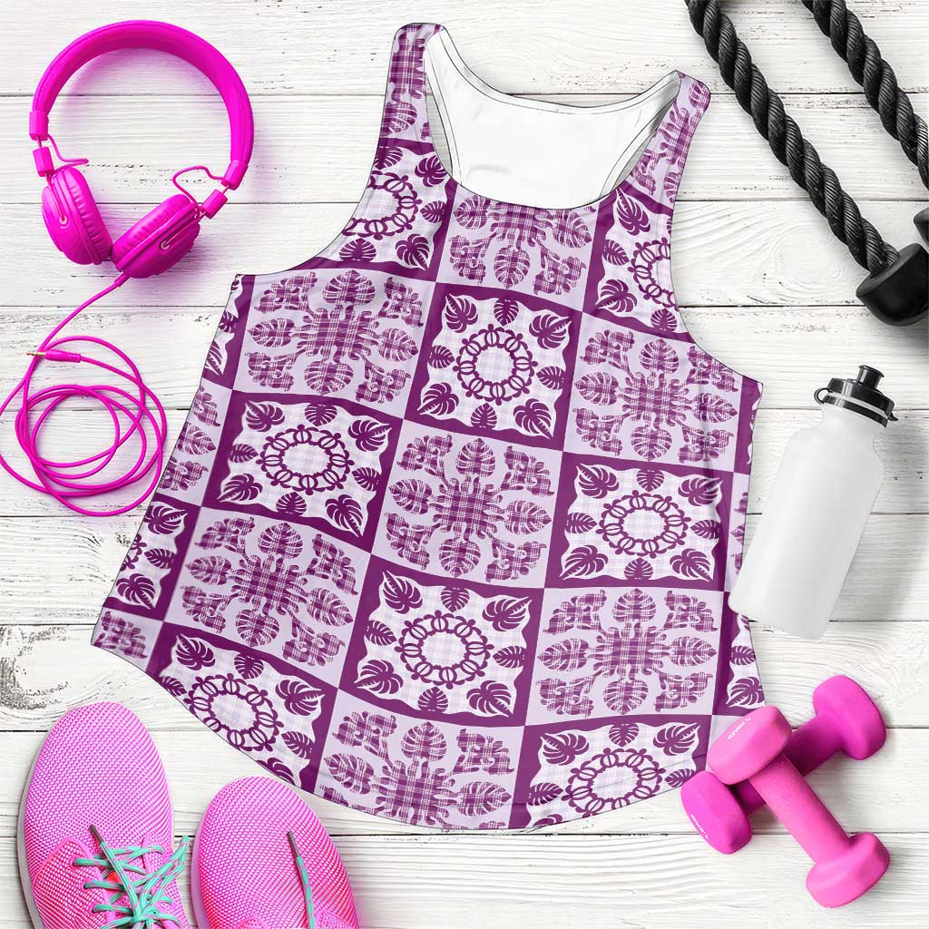 Poni Palaka Quilt Hawaii Women Racerback Tank Hawaiian Tropical Monstera Sea Turtle LT14 Purple - Polynesian Pride