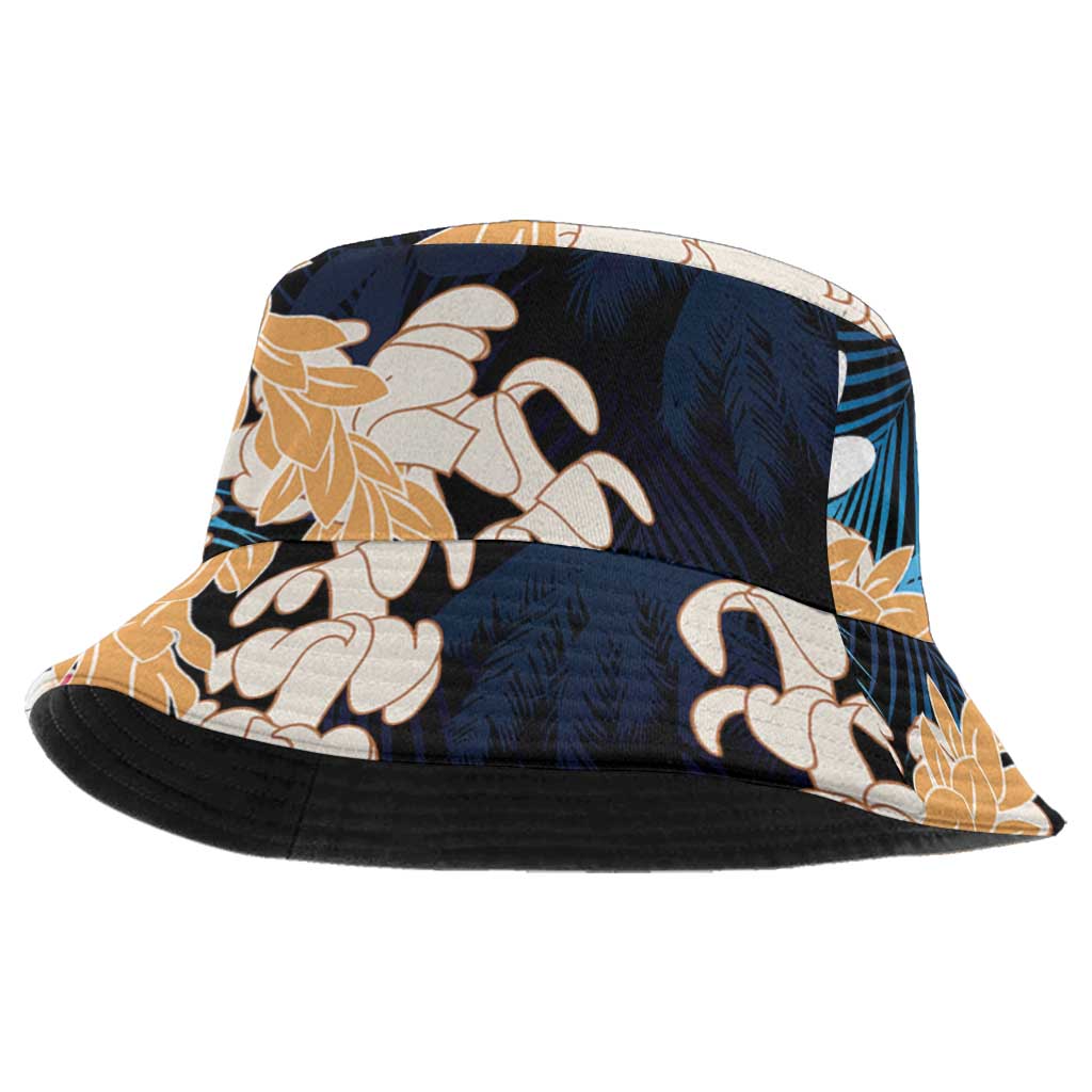 Puakenikeni Maile Lei Bucket Hat Frangipani Blue Tropical Leaves