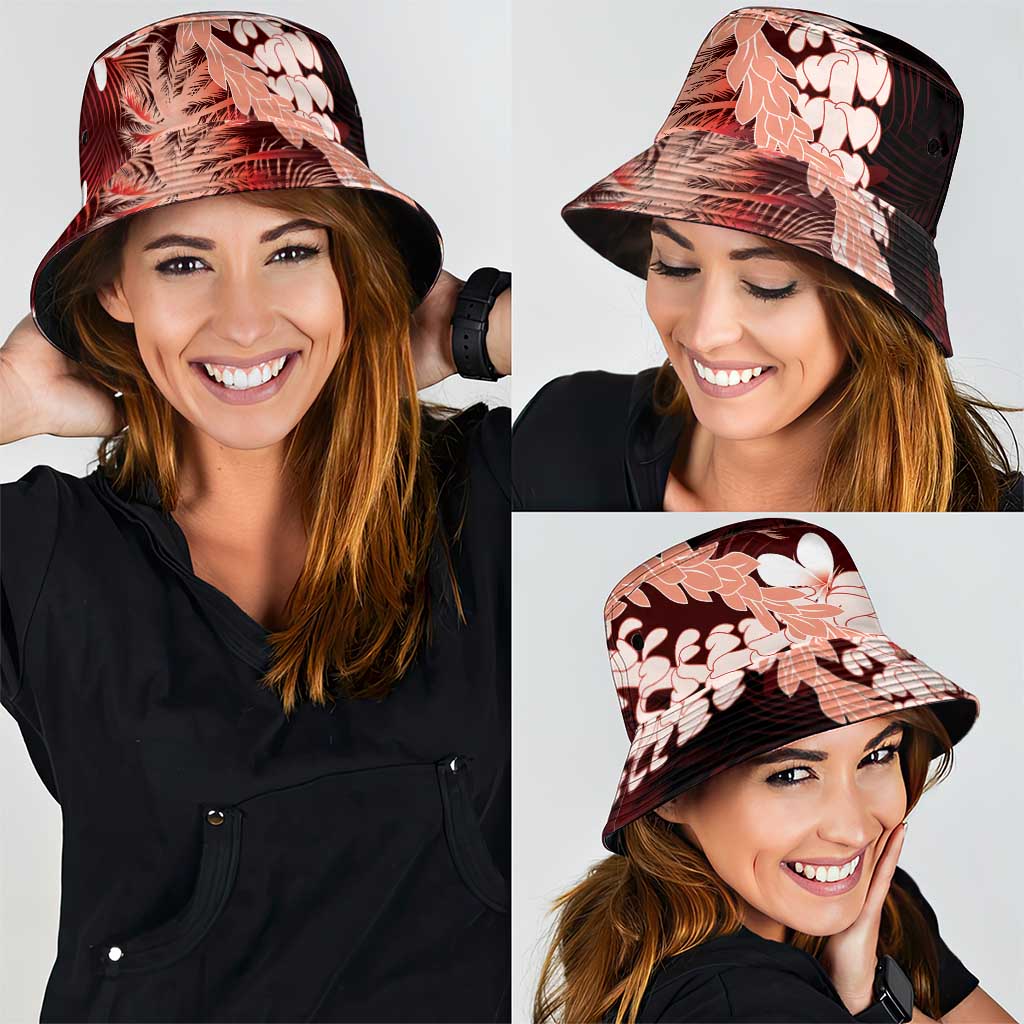 Puakenikeni Maile Lei Bucket Hat Frangipani Red Tropical Leaves