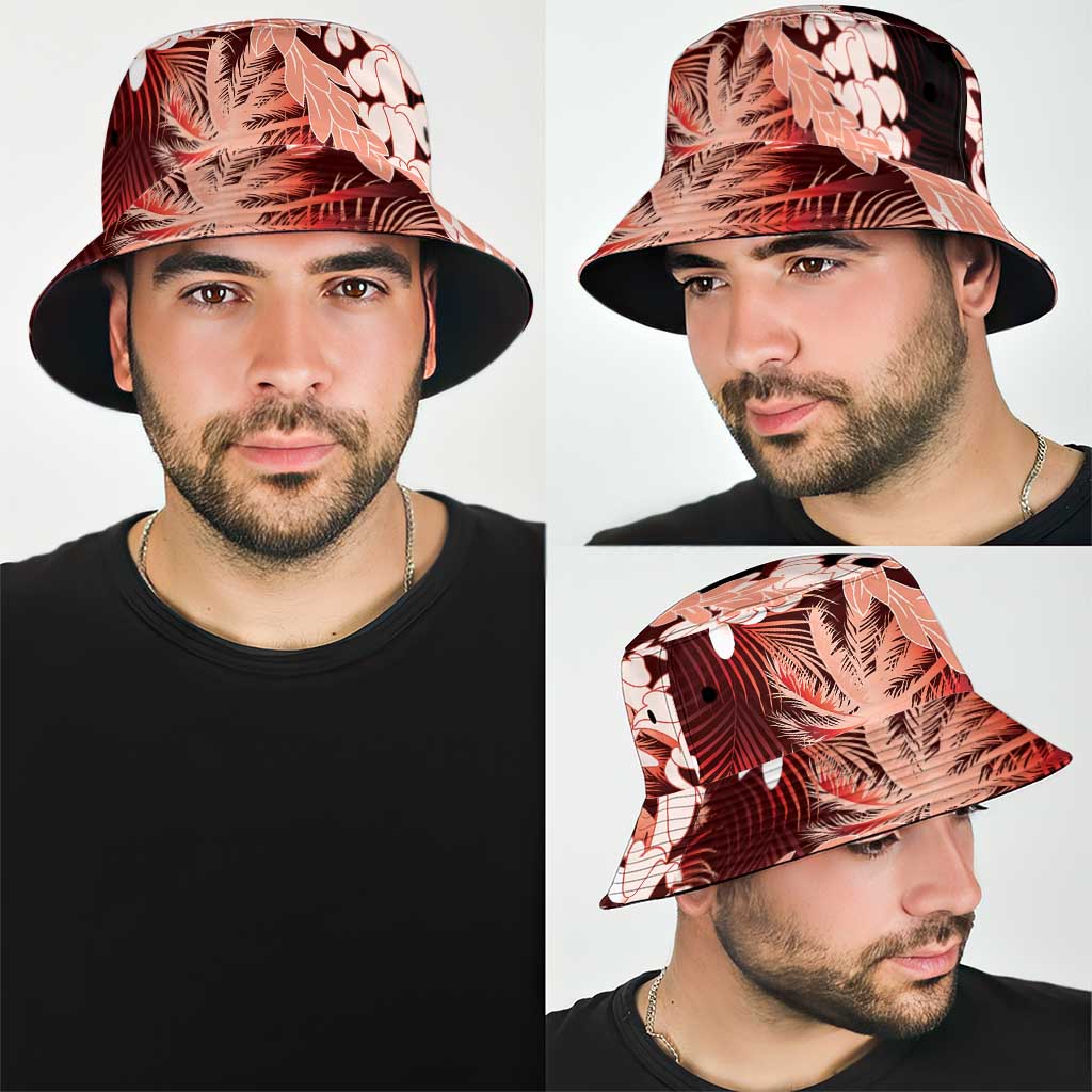 Puakenikeni Maile Lei Bucket Hat Frangipani Red Tropical Leaves