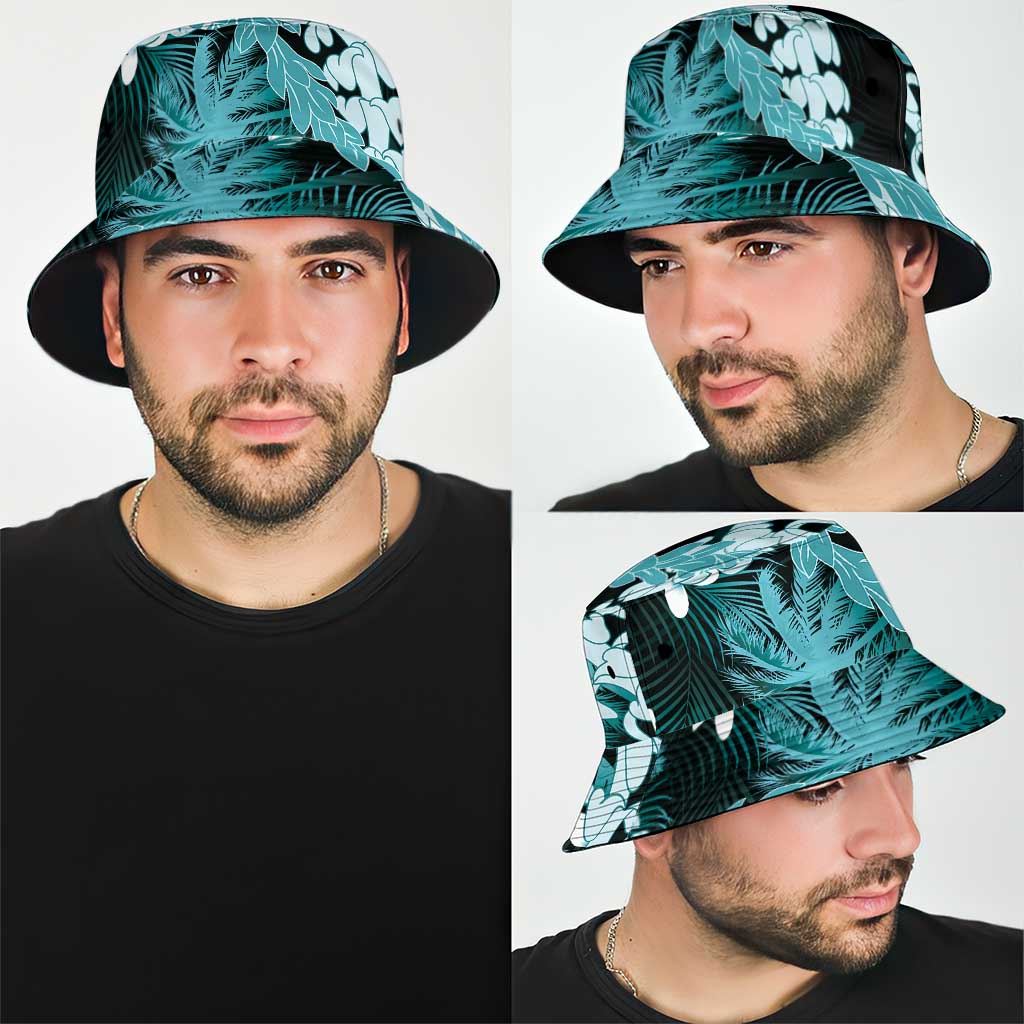Puakenikeni Maile Lei Bucket Hat Frangipani Turquoise Tropical Leaves