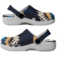 Puakenikeni Maile Lei Clogs Shoes Frangipani Blue Tropical Leaves