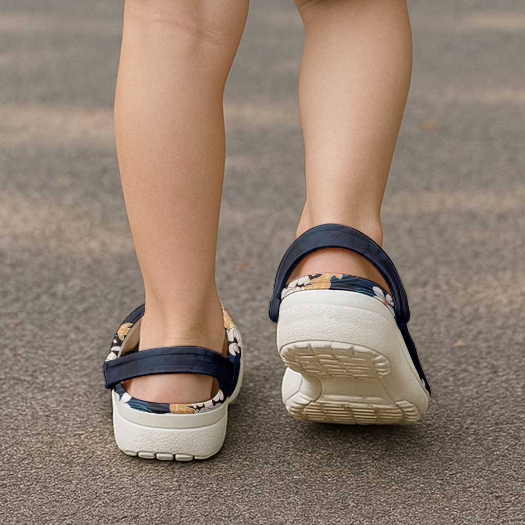 Puakenikeni Maile Lei Clogs Shoes Frangipani Blue Tropical Leaves