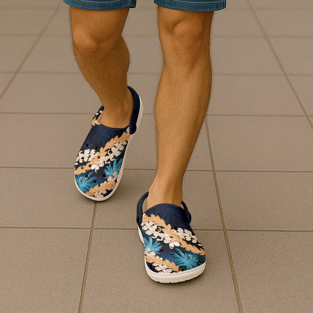 Puakenikeni Maile Lei Clogs Shoes Frangipani Blue Tropical Leaves