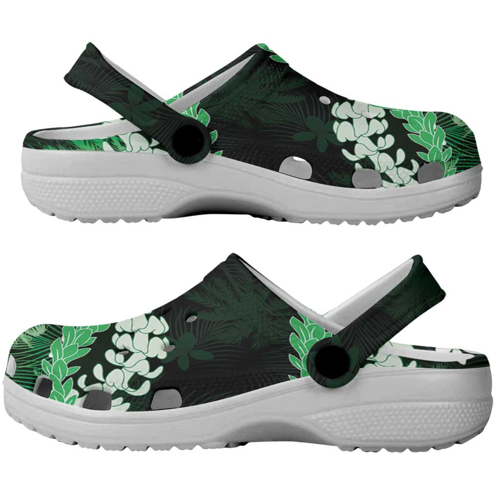 Puakenikeni Maile Lei Clogs Shoes Frangipani Green Tropical Leaves
