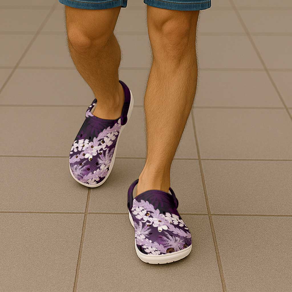 Puakenikeni Maile Lei Clogs Shoes Frangipani Purple Tropical Leaves