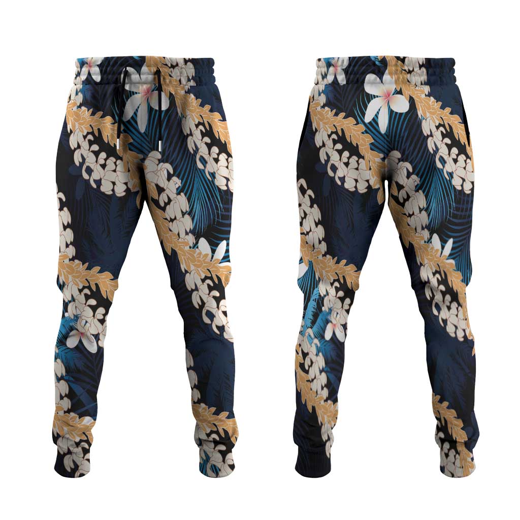 Puakenikeni Maile Lei Jogger Pants Frangipani Blue Tropical Leaves