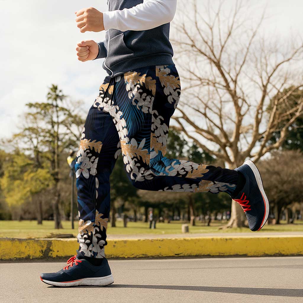 Puakenikeni Maile Lei Jogger Pants Frangipani Blue Tropical Leaves