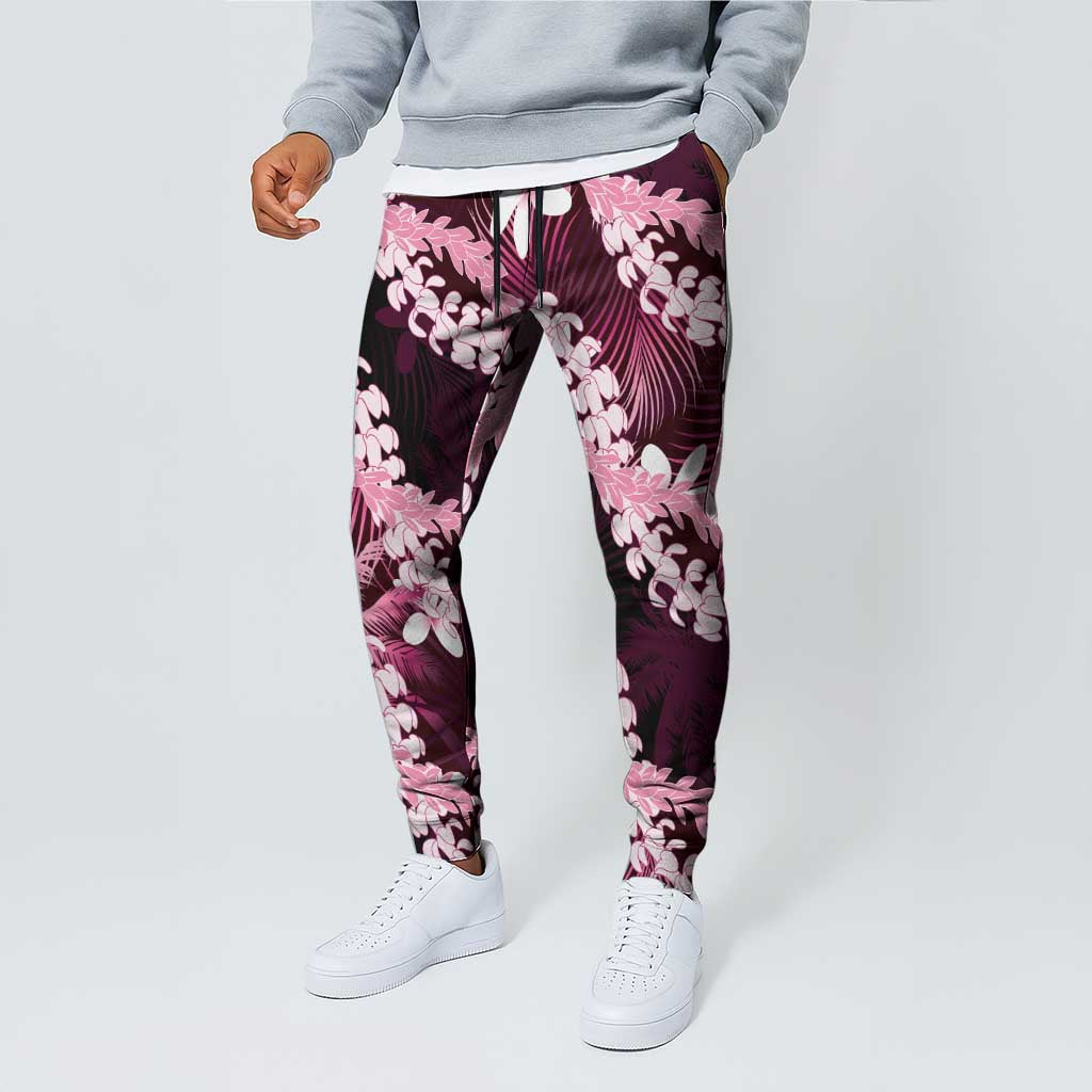 Puakenikeni Maile Lei Jogger Pants Frangipani Pink Tropical Leaves