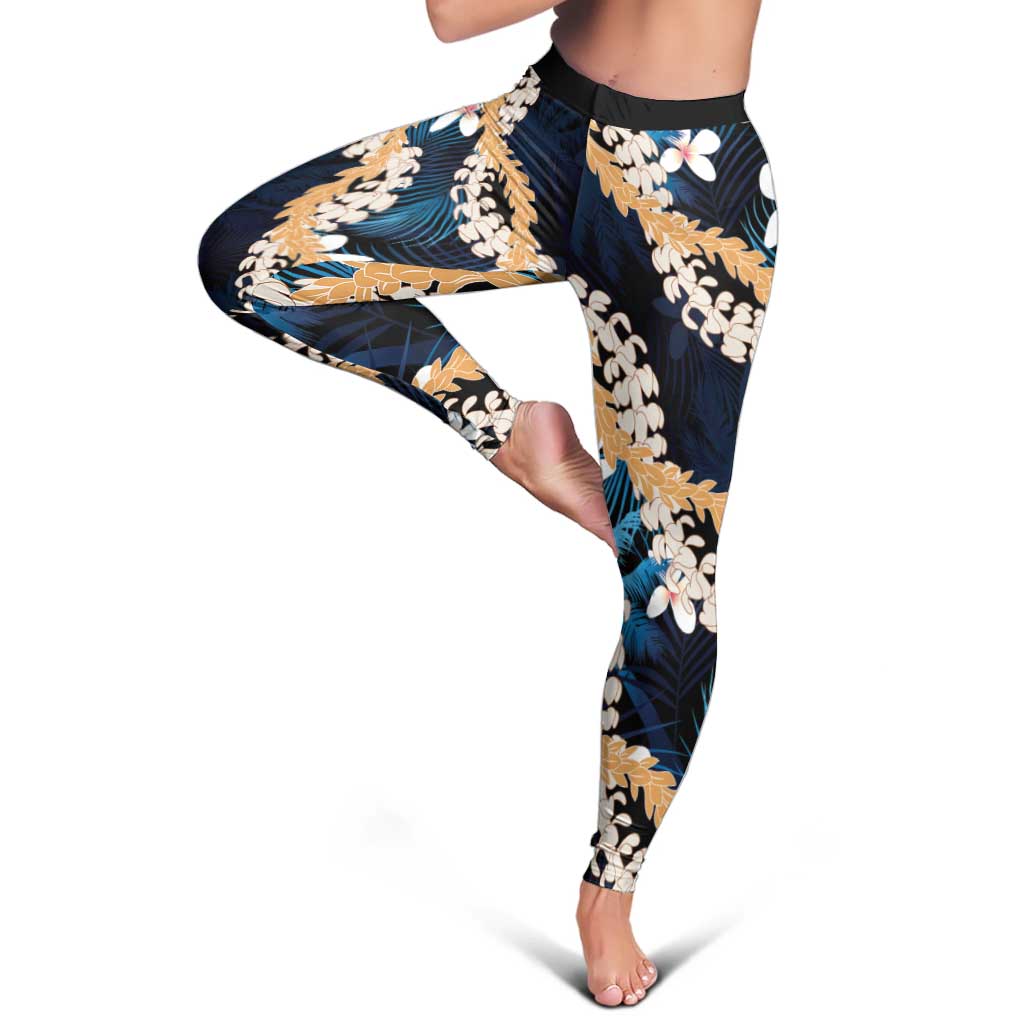 Puakenikeni Maile Lei Leggings Frangipani Blue Tropical Leaves