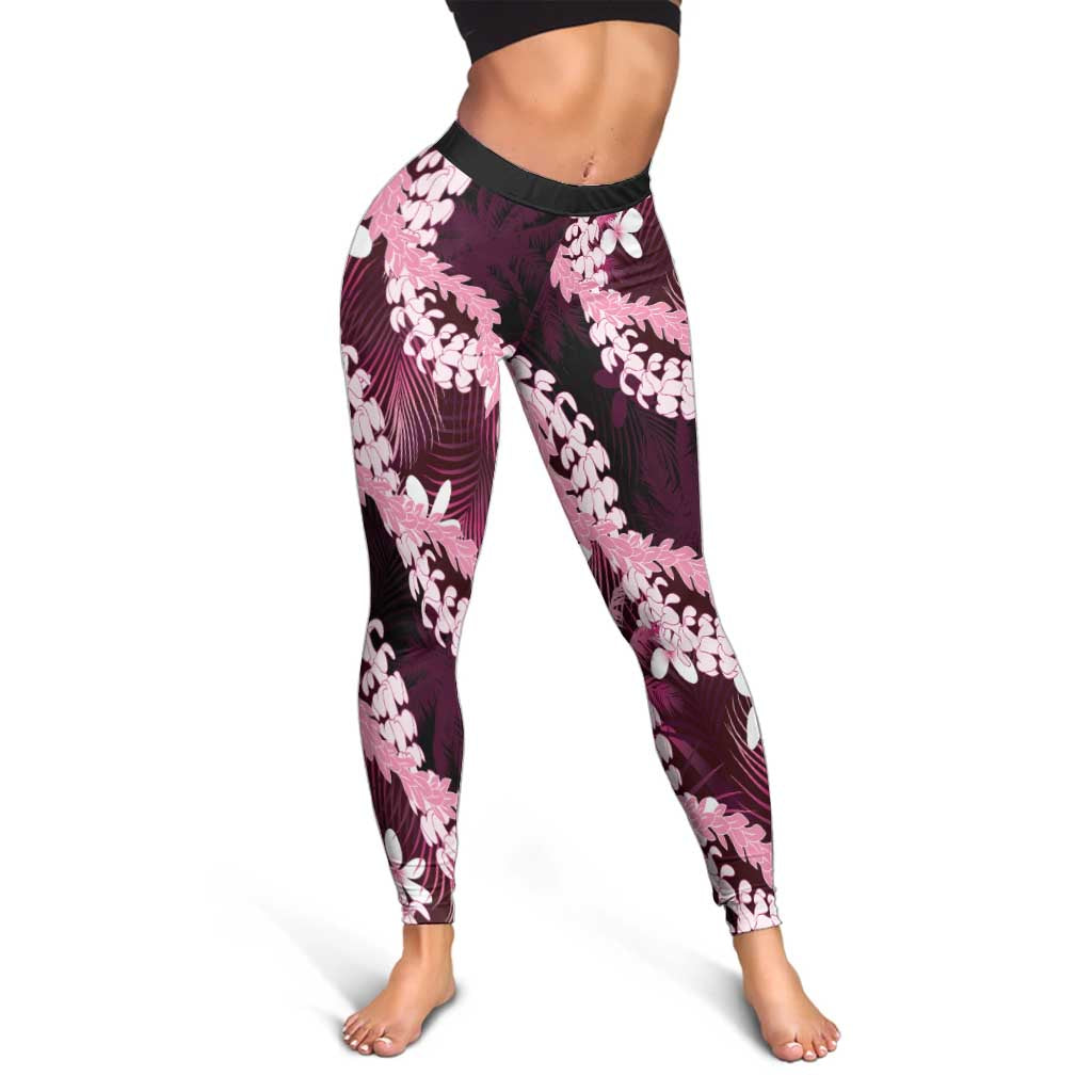 Puakenikeni Maile Lei Leggings Frangipani Pink Tropical Leaves
