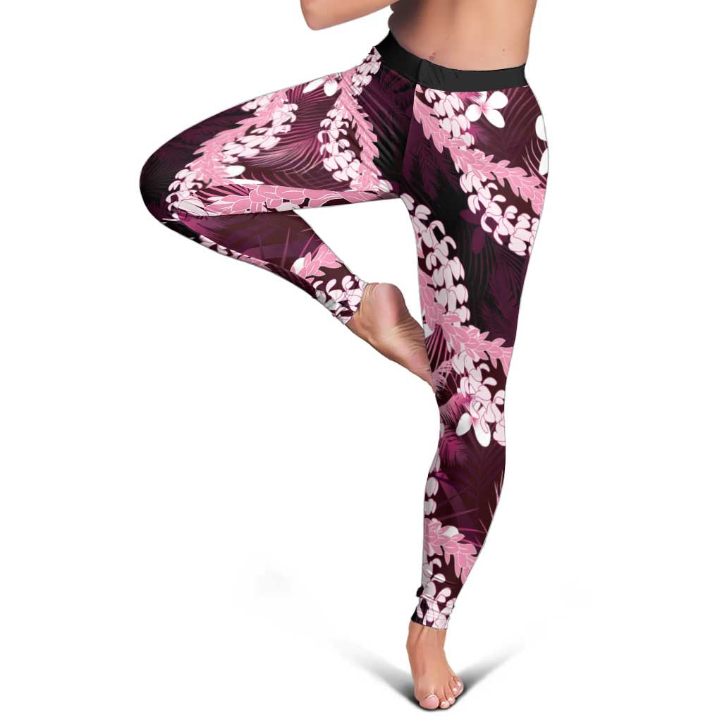 Puakenikeni Maile Lei Leggings Frangipani Pink Tropical Leaves