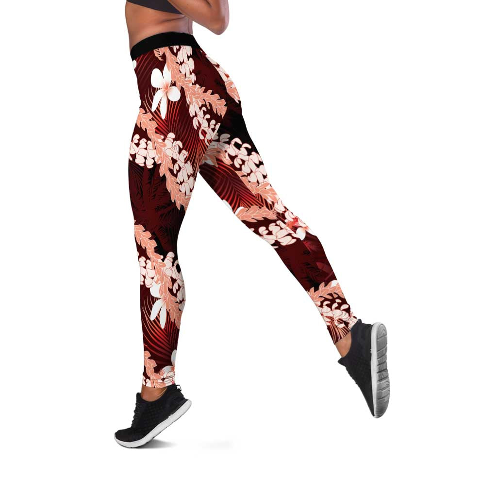Puakenikeni Maile Lei Leggings Frangipani Red Tropical Leaves LT01 Red - Polynesian Pride