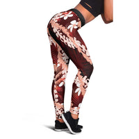 Puakenikeni Maile Lei Leggings Frangipani Red Tropical Leaves LT01 - Polynesian Pride
