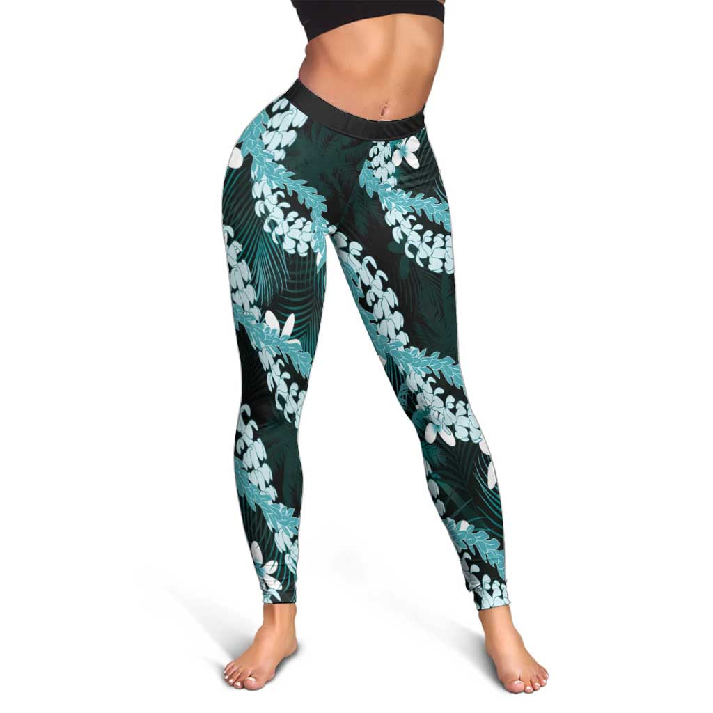 Puakenikeni Maile Lei Leggings Frangipani Turquoise Tropical Leaves