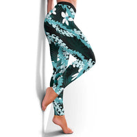 Puakenikeni Maile Lei Leggings Frangipani Turquoise Tropical Leaves