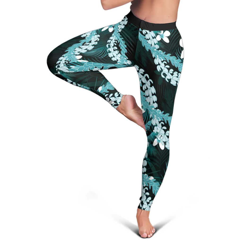 Puakenikeni Maile Lei Leggings Frangipani Turquoise Tropical Leaves