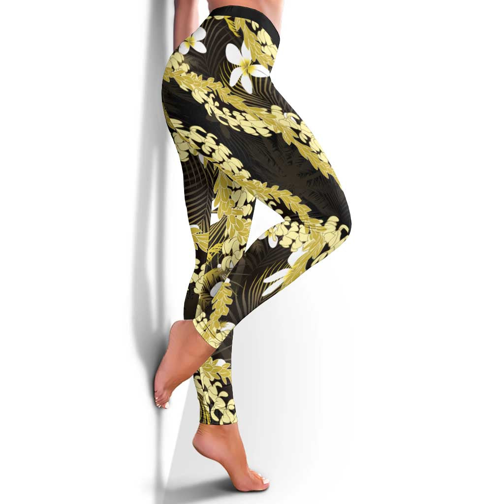 Puakenikeni Maile Lei Leggings Frangipani Yellow Tropical Leaves