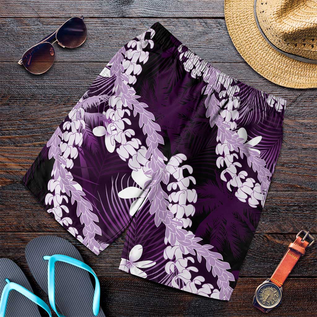 Puakenikeni Maile Lei Shorts for Men Frangipani Purple Tropical Leaves