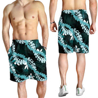 Puakenikeni Maile Lei Shorts for Men Frangipani Turquoise Tropical Leaves