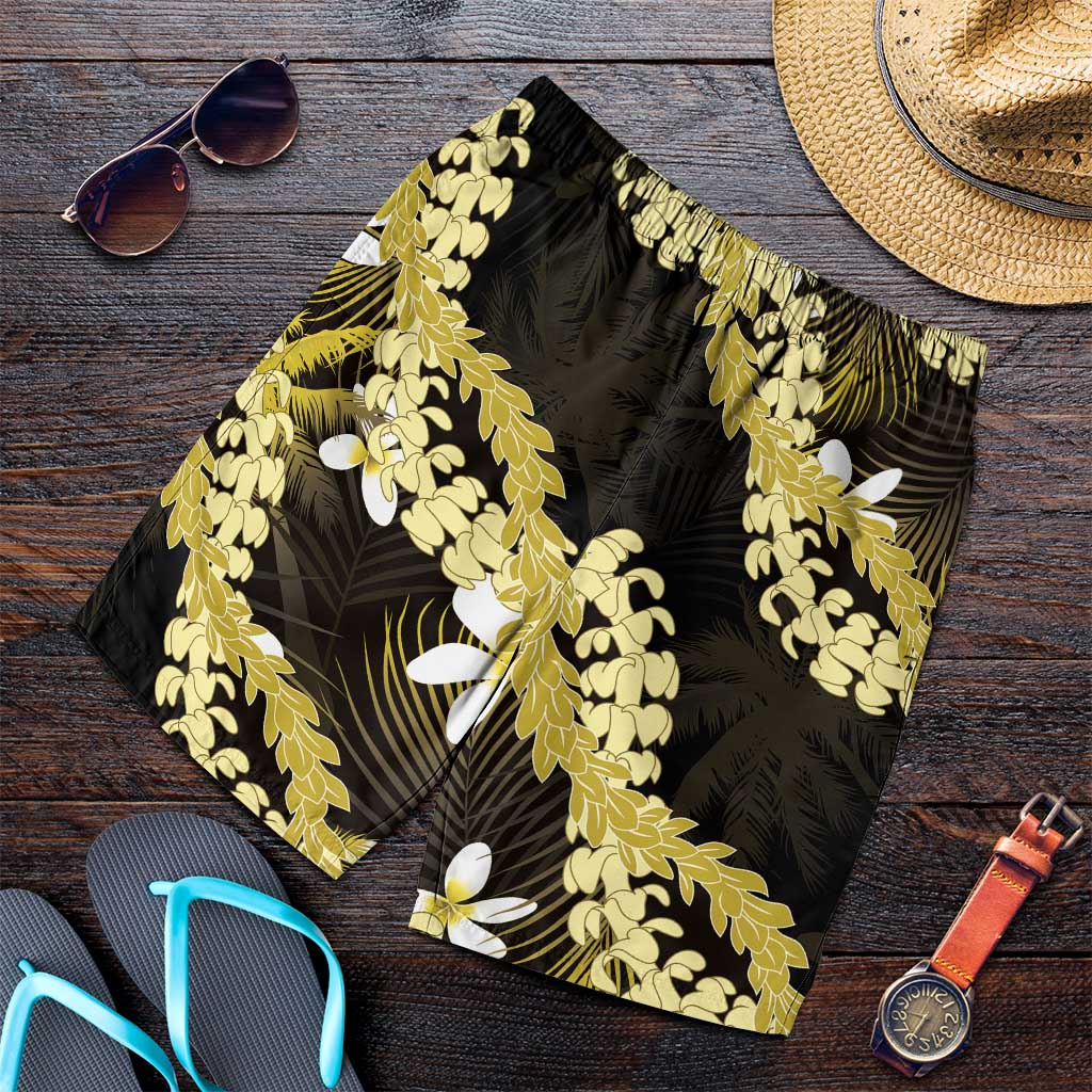 Puakenikeni Maile Lei Shorts for Men Frangipani Yellow Tropical Leaves