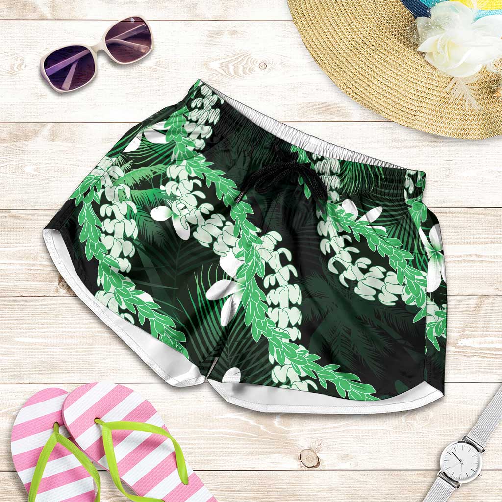 Puakenikeni Maile Lei Shorts for Women Frangipani Green Tropical Leaves LT01 Green - Polynesian Pride