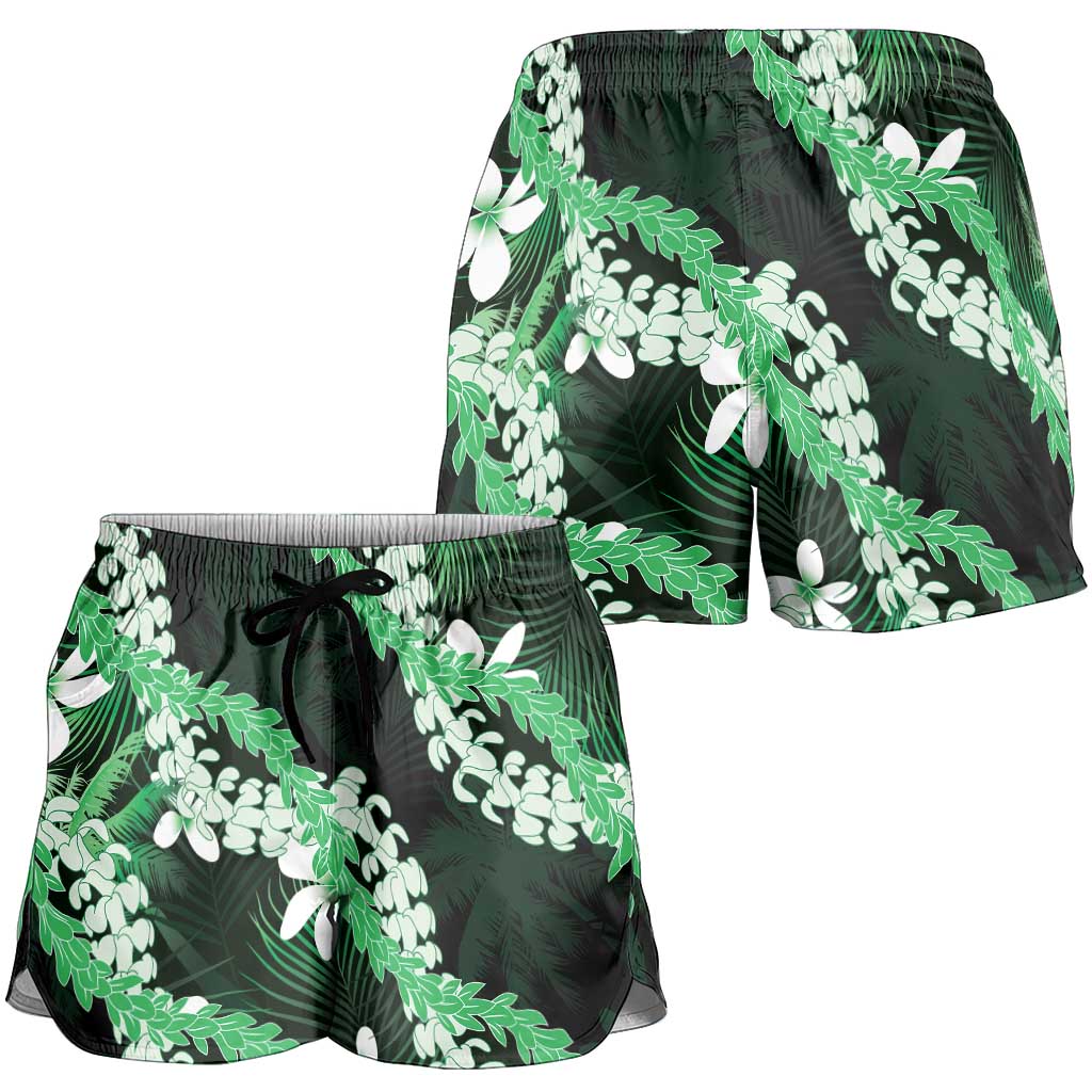 Puakenikeni Maile Lei Shorts for Women Frangipani Green Tropical Leaves LT01 - Polynesian Pride