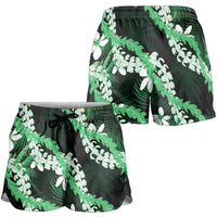 Puakenikeni Maile Lei Shorts for Women Frangipani Green Tropical Leaves LT01 - Polynesian Pride