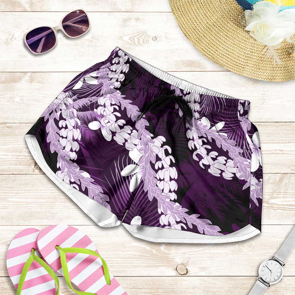 Puakenikeni Maile Lei Shorts for Women Frangipani Purple Tropical Leaves