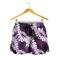 Puakenikeni Maile Lei Shorts for Women Frangipani Purple Tropical Leaves